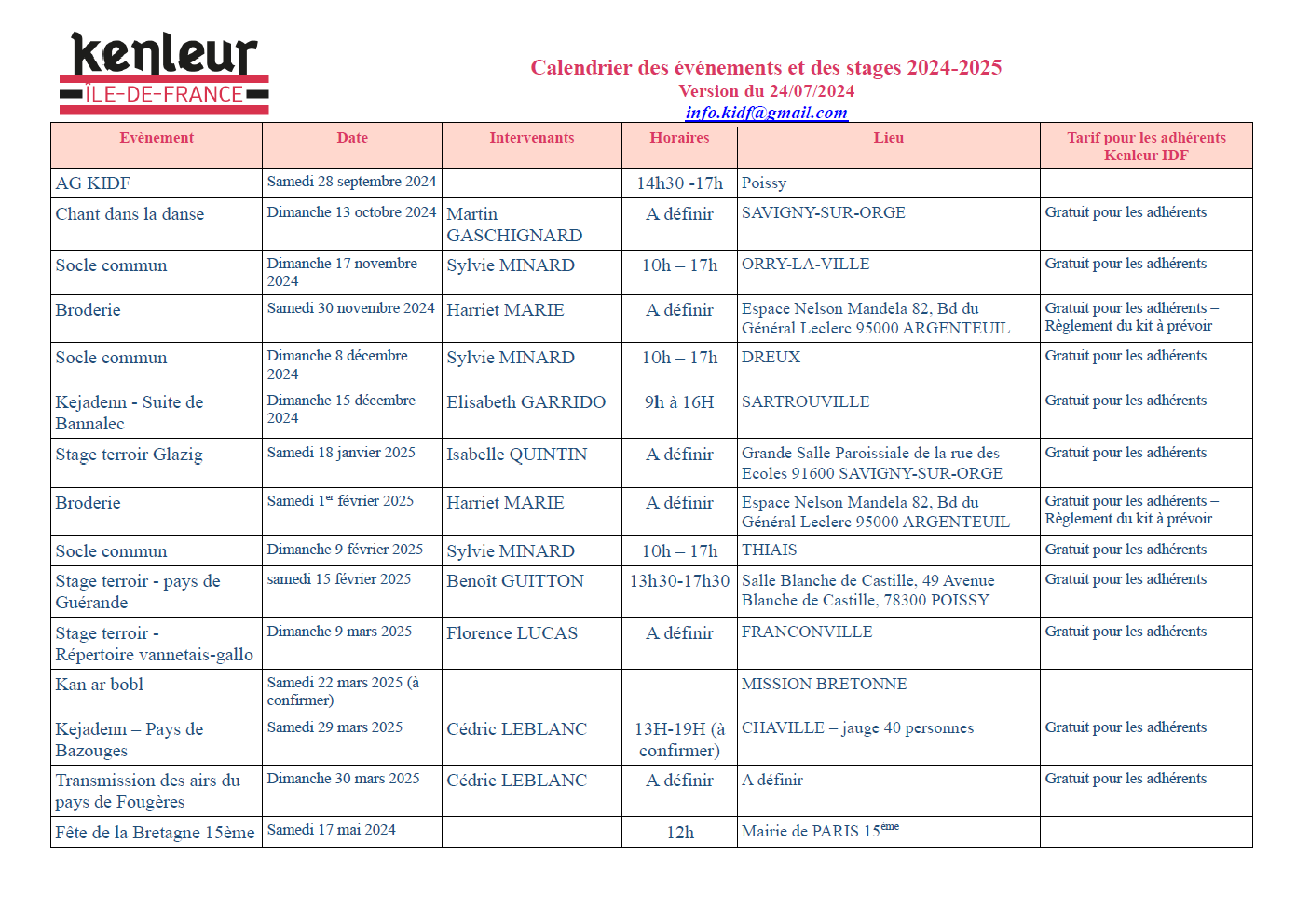 Calendrier evenements et stages kenleur idf 2024 25